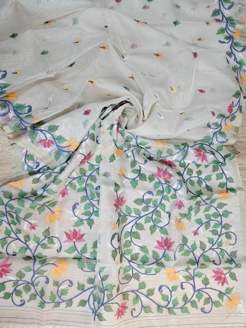 Off-White & Multicolor Handwoven Muslin Silk Jamdani Saree Balaram Saha