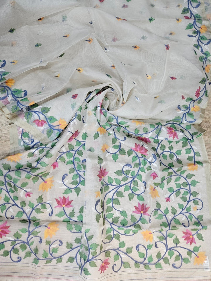 Off-White & Multicolor Handwoven Muslin Silk Jamdani Saree Balaram Saha