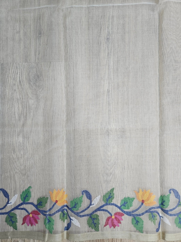 Off-White & Multicolor Handwoven Muslin Silk Jamdani Saree Balaram Saha