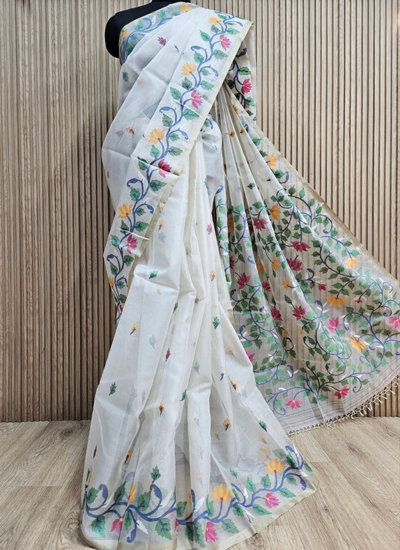 Off-White & Multicolor Handwoven Muslin Silk Jamdani Saree Balaram Saha