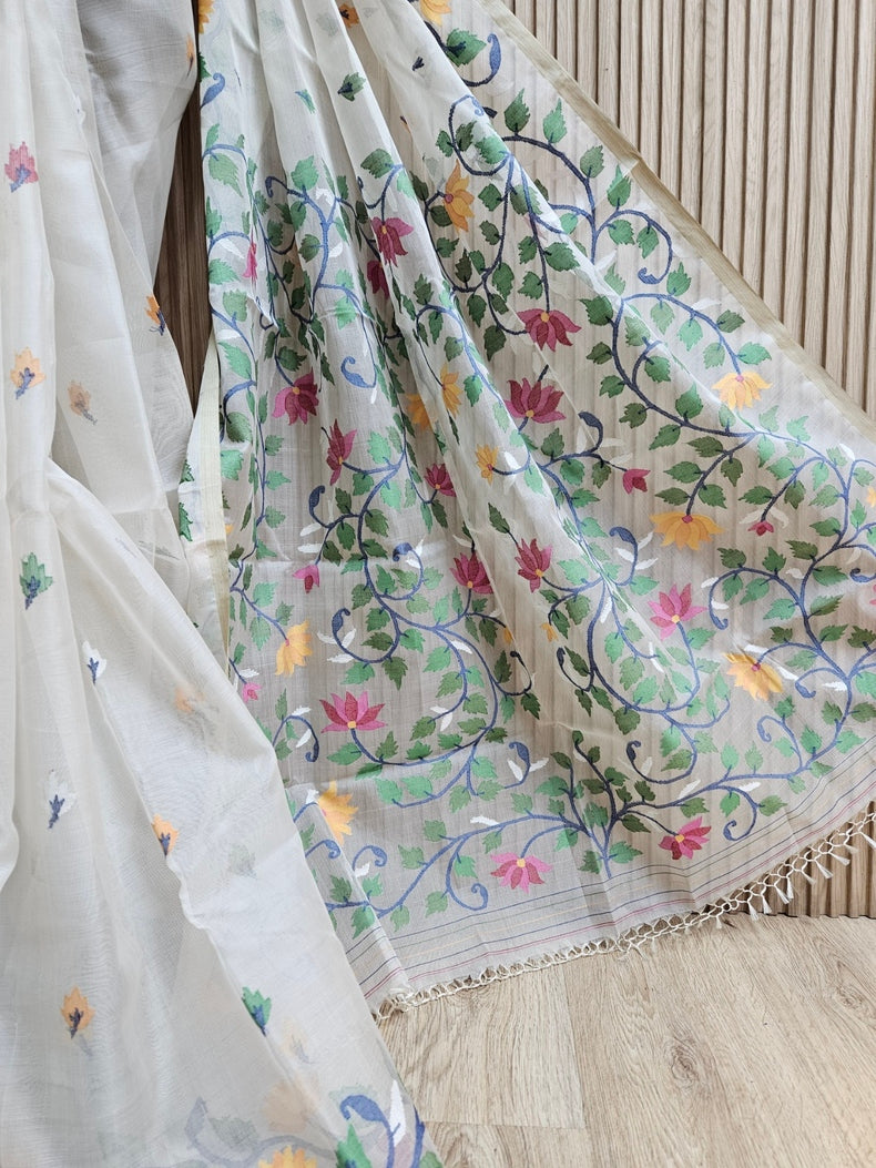 Off-White & Multicolor Handwoven Muslin Silk Jamdani Saree Balaram Saha