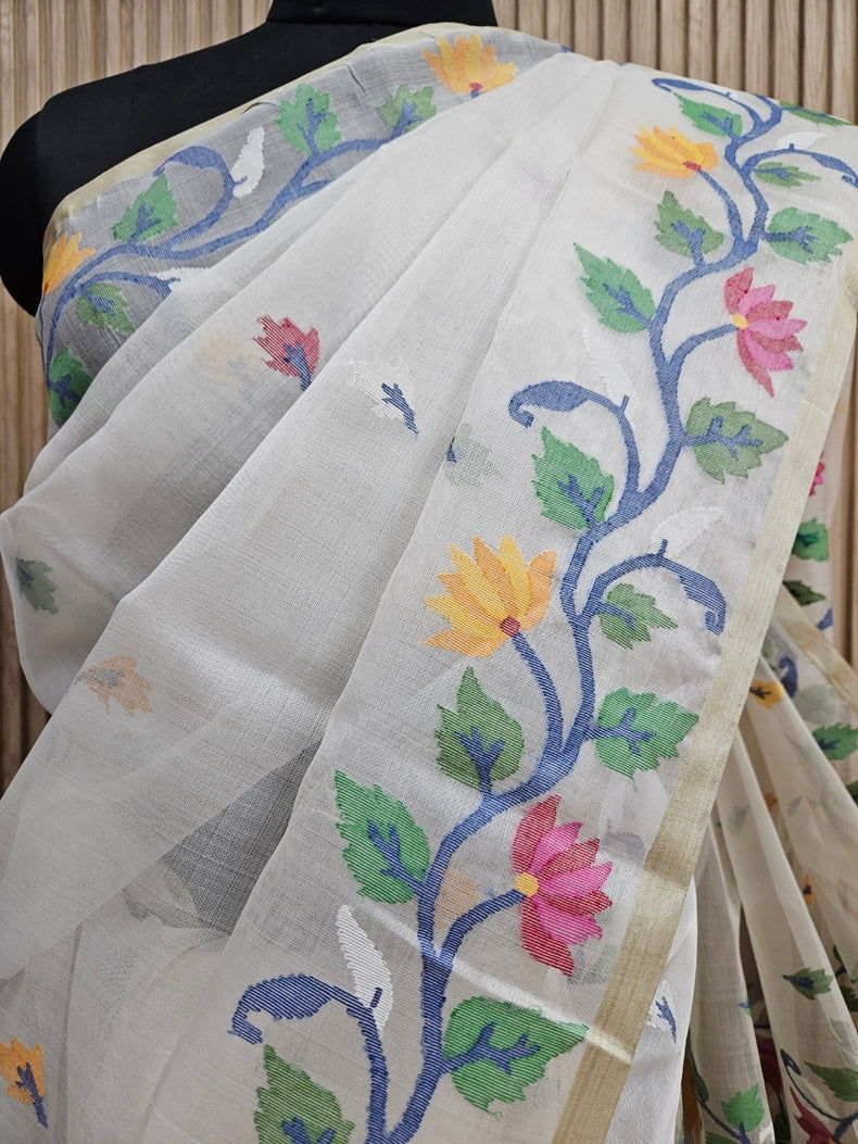 Off-White & Multicolor Handwoven Muslin Silk Jamdani Saree Balaram Saha