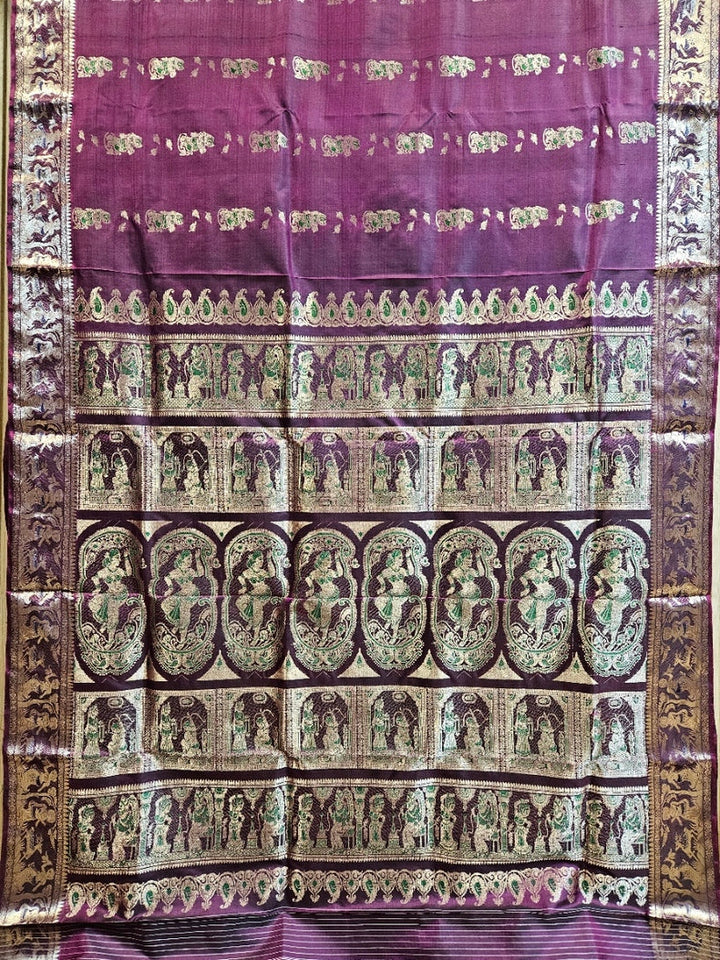 Purple & Gold Handloom Pure Katan Silk Baluchuri Saree Balaram Saha
