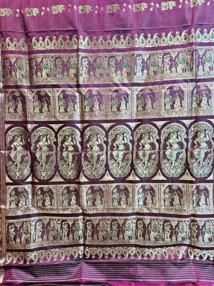Purple & Gold Handloom Pure Katan Silk Baluchuri Saree Balaram Saha
