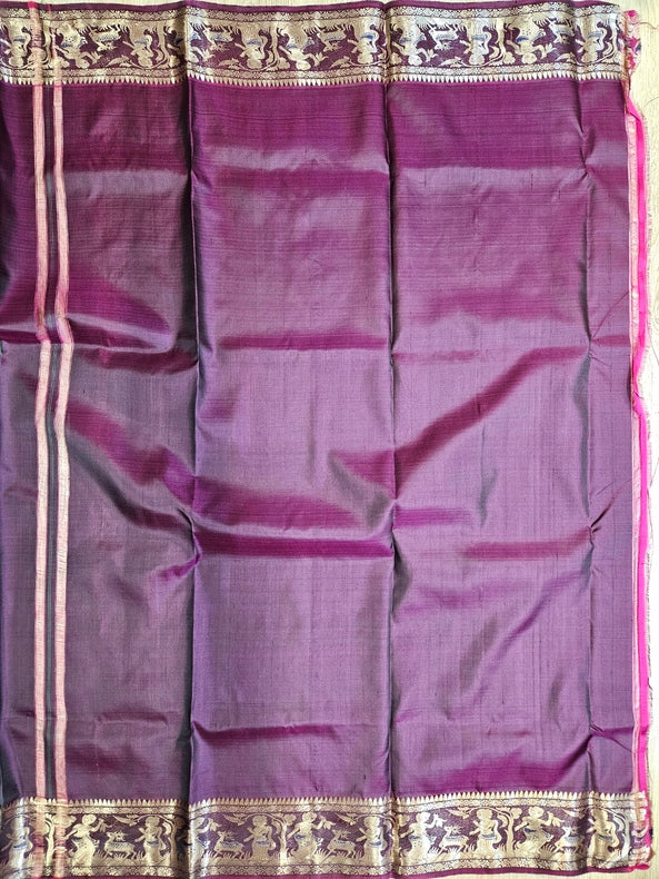 Purple & Gold Handloom Pure Katan Silk Baluchuri Saree Balaram Saha