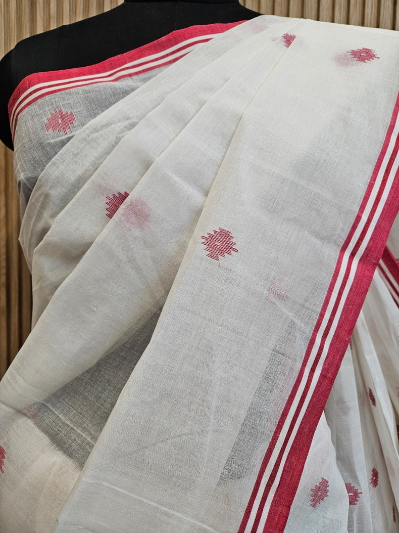 Off-White & Red Handloom Traditional Cotton Jamdani Saree Balaram Saha
