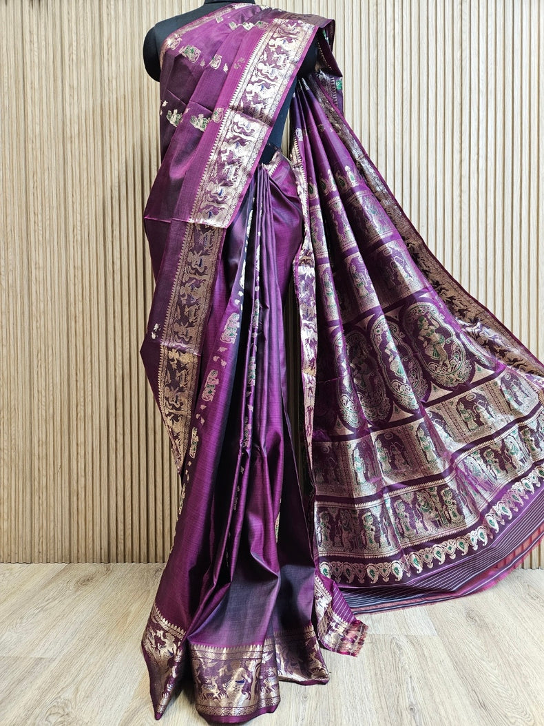 Purple & Gold Handloom Pure Katan Silk Baluchuri Saree Balaram Saha