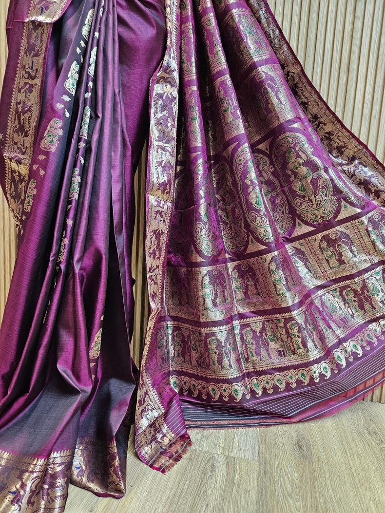 Purple & Gold Handloom Pure Katan Silk Baluchuri Saree Balaram Saha
