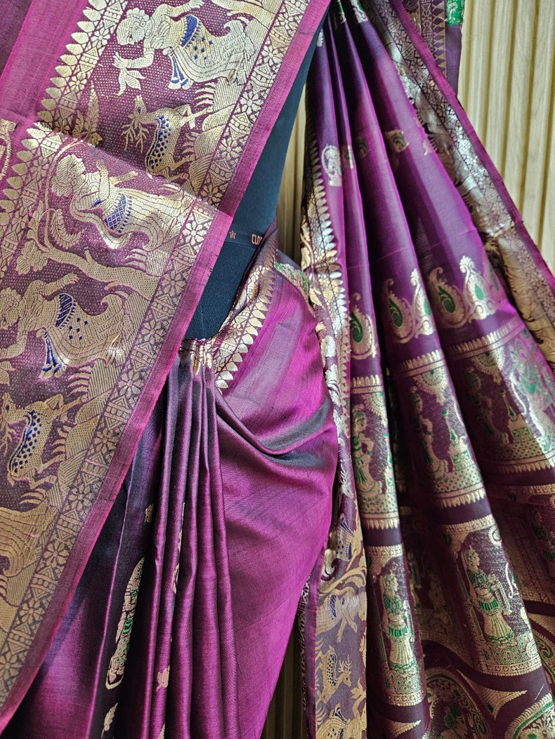 Purple & Gold Handloom Pure Katan Silk Baluchuri Saree Balaram Saha