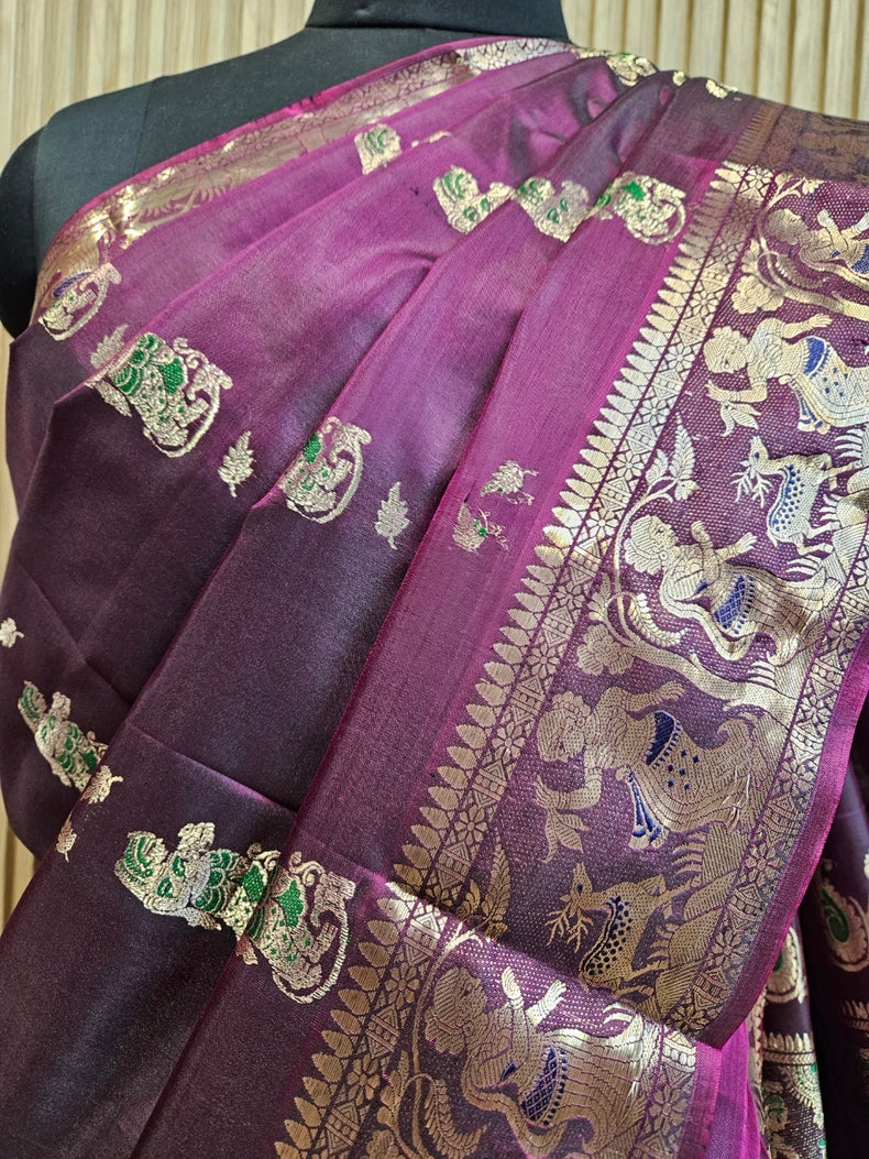 Purple & Gold Handloom Pure Katan Silk Baluchuri Saree Balaram Saha