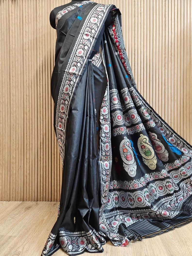 Black & Multi Color Handloom Pure Katan Revival Silk Baluchuri Saree Balaram Saha