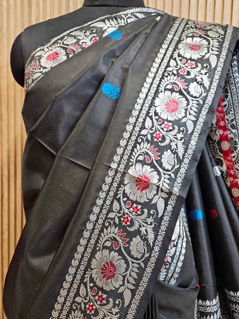 Black & Multi Color Handloom Pure Katan Revival Silk Baluchuri Saree Balaram Saha