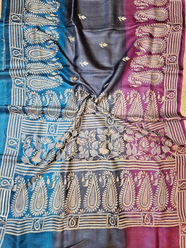 Sophisticated in Multi Dye Balaram Saha’s Masterpiece Kantha Tussar Silk Saree Balaram Saha