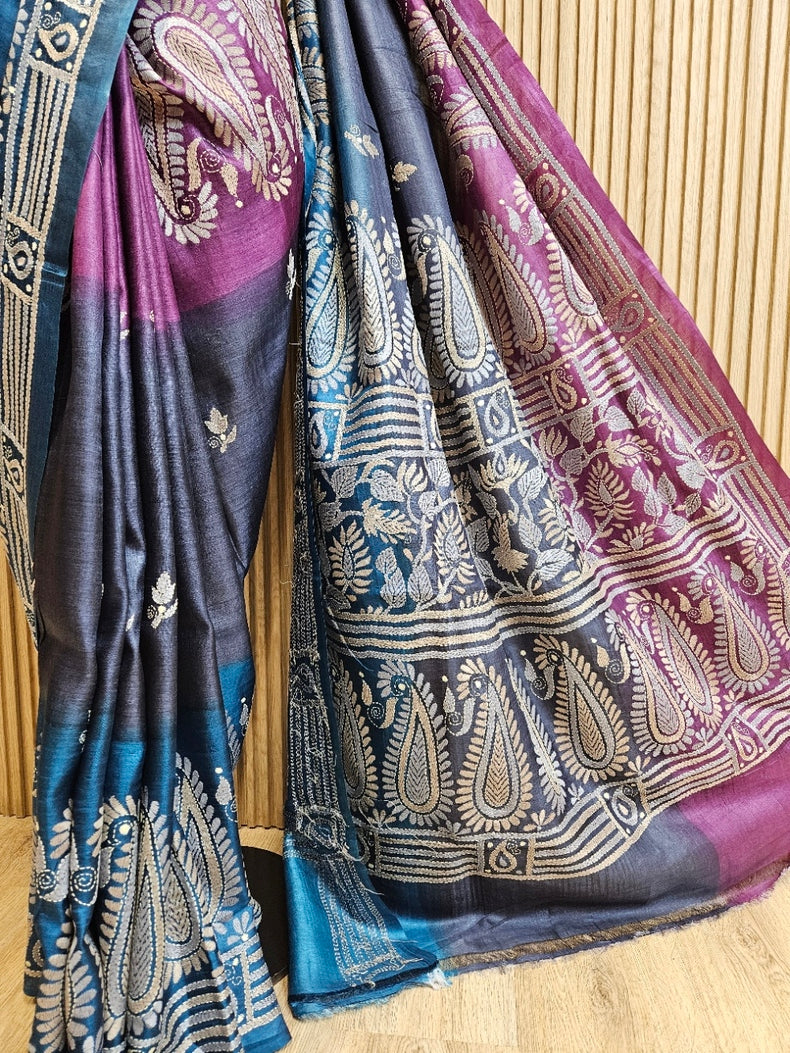 Sophisticated in Multi Dye Balaram Saha’s Masterpiece Kantha Tussar Silk Saree Balaram Saha