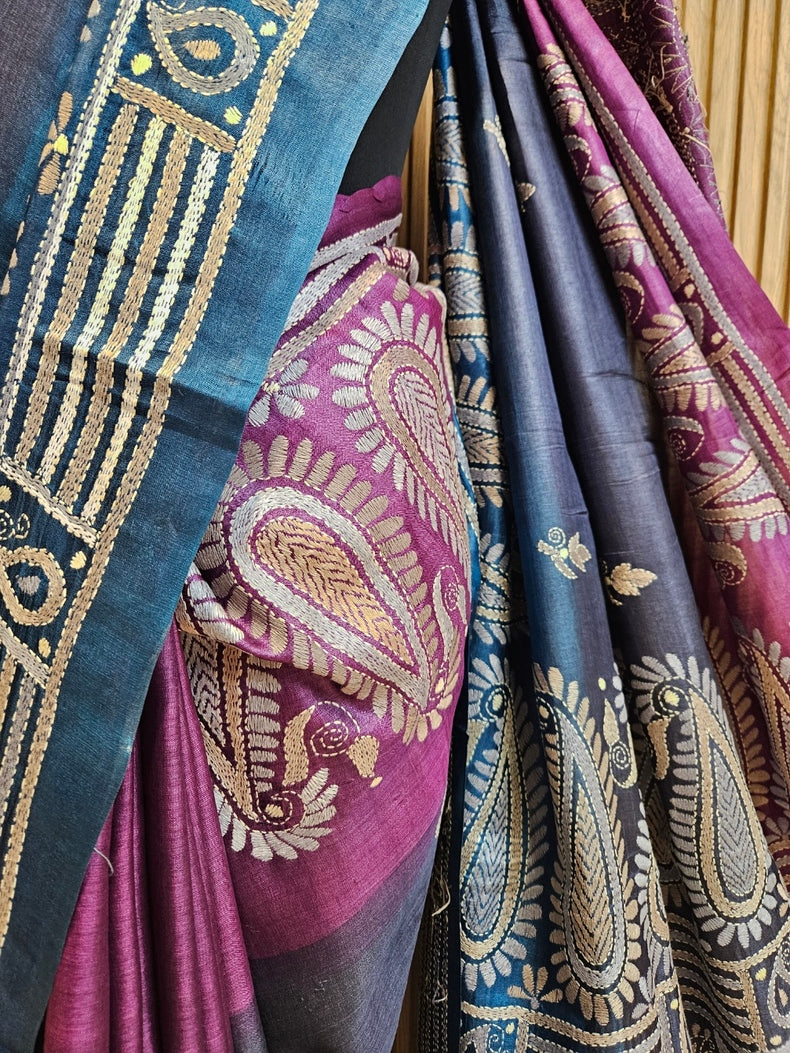 Sophisticated in Multi Dye Balaram Saha’s Masterpiece Kantha Tussar Silk Saree Balaram Saha