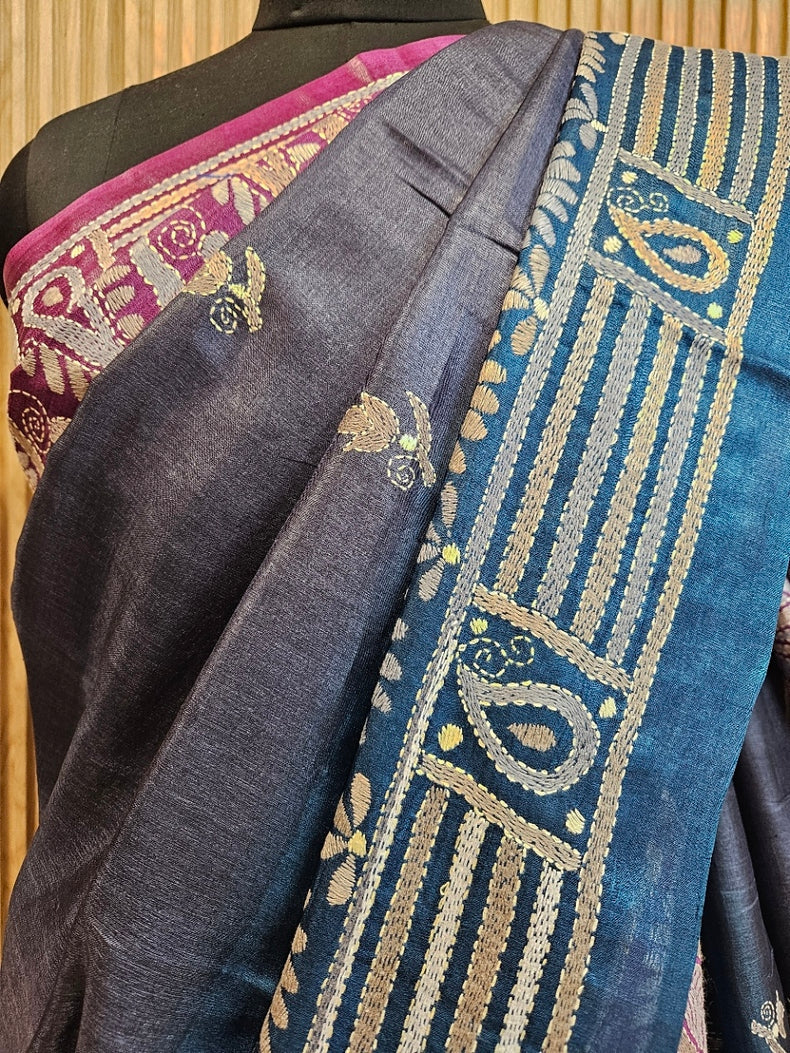 Sophisticated in Multi Dye Balaram Saha’s Masterpiece Kantha Tussar Silk Saree Balaram Saha