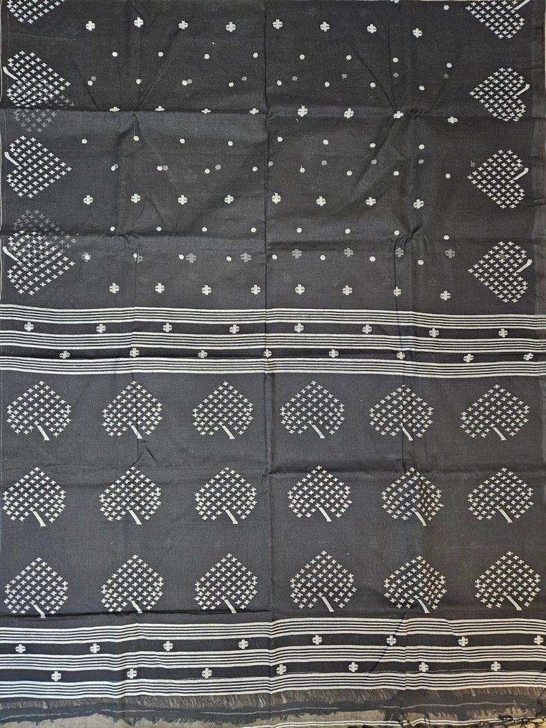 Black & White Traditional Handwoven Cotton Jamdani Saree with Leaf Motif Border Balaram Saha