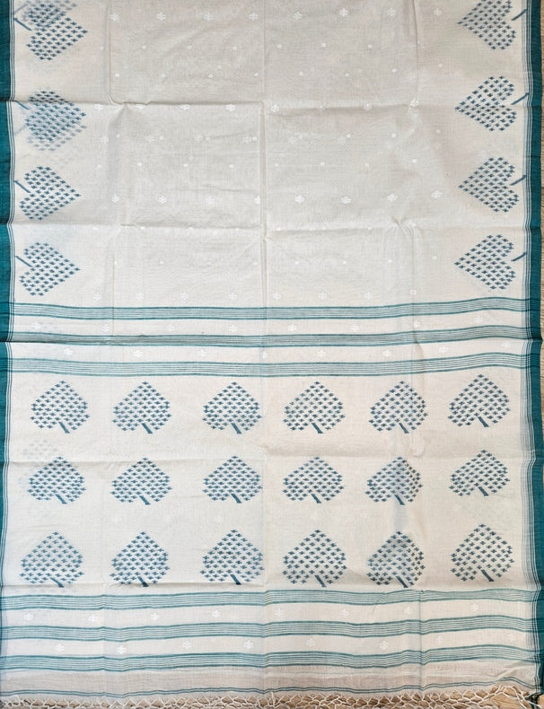 White & Green Traditional Handwoven Cotton Jamdani Saree with Leaf Motif Border Balaram Saha