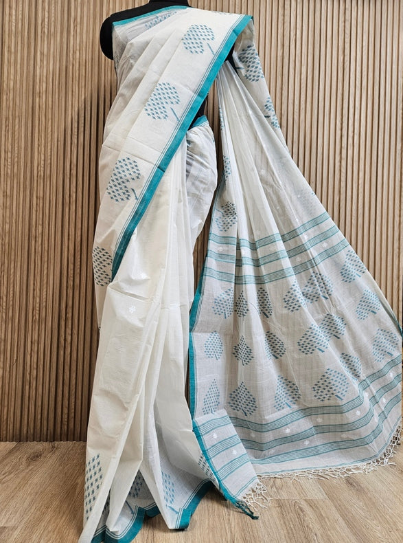 White & Green Traditional Handwoven Cotton Jamdani Saree with Leaf Motif Border Balaram Saha