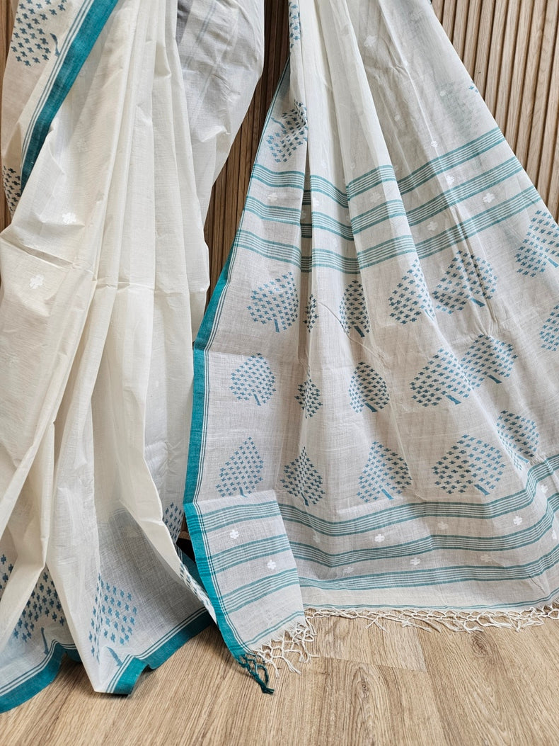 White & Green Traditional Handwoven Cotton Jamdani Saree with Leaf Motif Border Balaram Saha