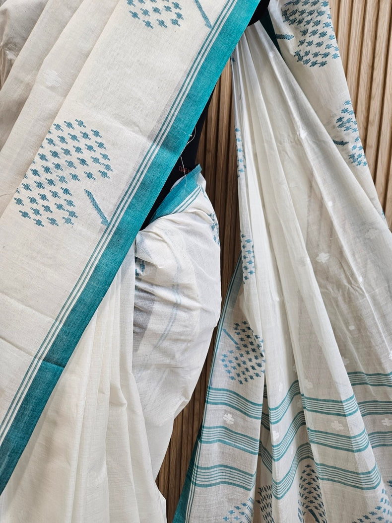 White & Green Traditional Handwoven Cotton Jamdani Saree with Leaf Motif Border Balaram Saha