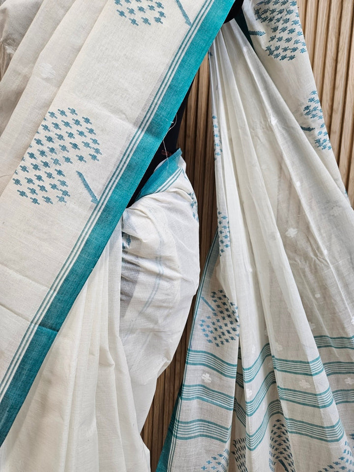 White & Green Traditional Handwoven Cotton Jamdani Saree with Leaf Motif Border Balaram Saha