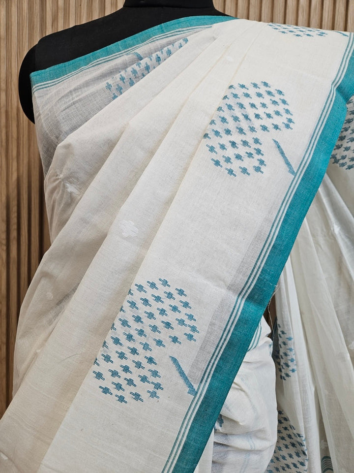 White & Green Traditional Handwoven Cotton Jamdani Saree with Leaf Motif Border Balaram Saha