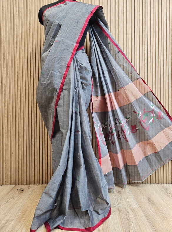 Grey & Red Handloom Handwoven Traditional Cotton Jamdani Saree Balaram Saha