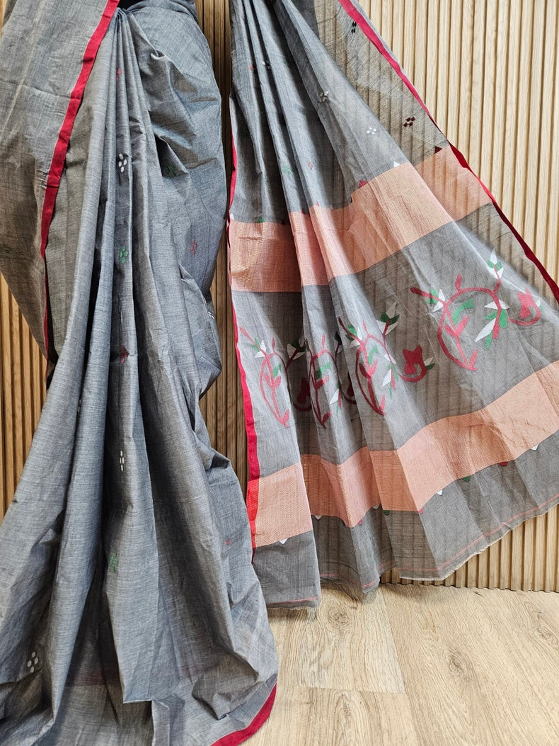 Grey & Red Handloom Handwoven Traditional Cotton Jamdani Saree Balaram Saha