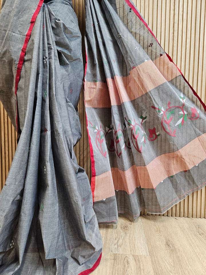 Grey & Red Handloom Handwoven Traditional Cotton Jamdani Saree Balaram Saha
