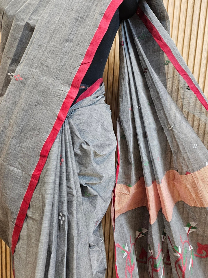 Grey & Red Handloom Handwoven Traditional Cotton Jamdani Saree Balaram Saha