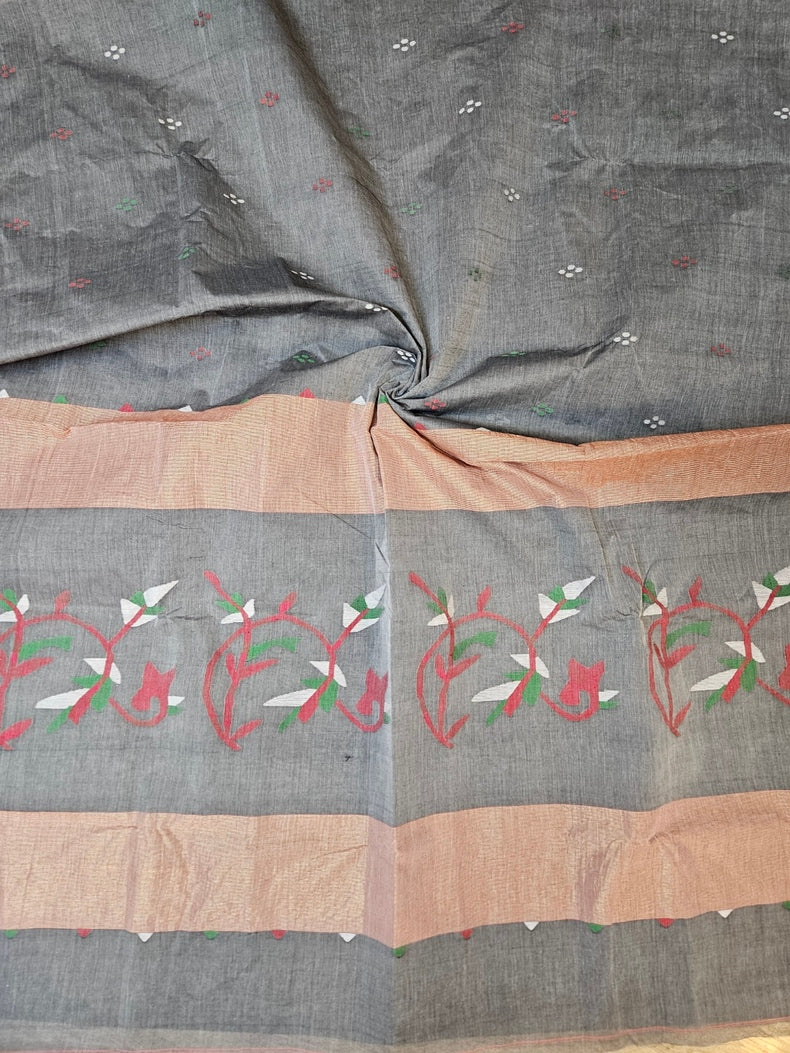 Grey & Red Handloom Handwoven Traditional Cotton Jamdani Saree Balaram Saha