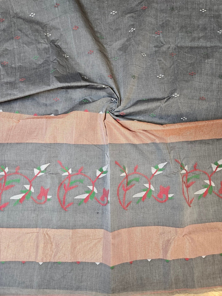 Grey & Red Handloom Handwoven Traditional Cotton Jamdani Saree Balaram Saha
