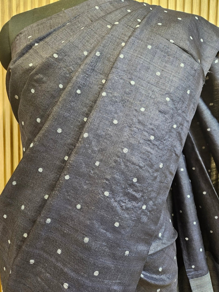 Indigo Blue Handloom Tussar Silk Jamdani Saree by Balaram Saha Balaram Saha