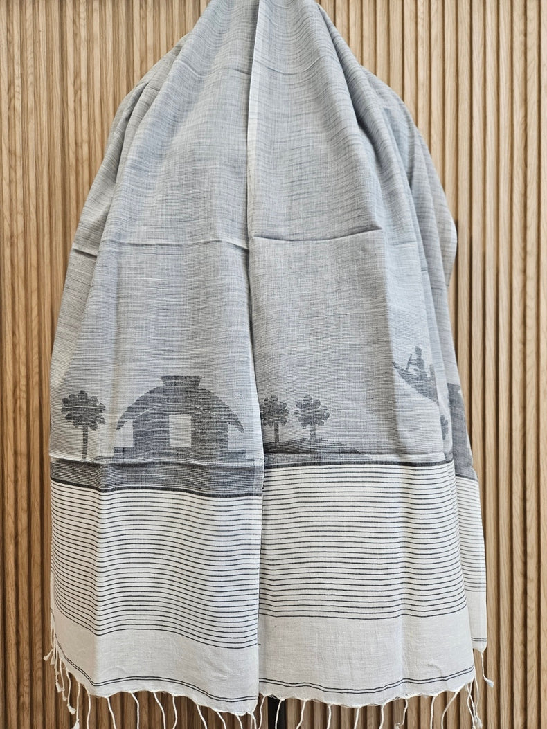 Balaram Saha: Timeless Elegance: Grey and White Cotton Jamdani Stole Balaram Saha