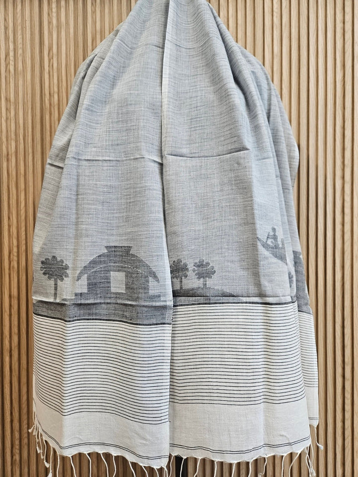 Balaram Saha: Timeless Elegance: Grey and White Cotton Jamdani Stole Balaram Saha