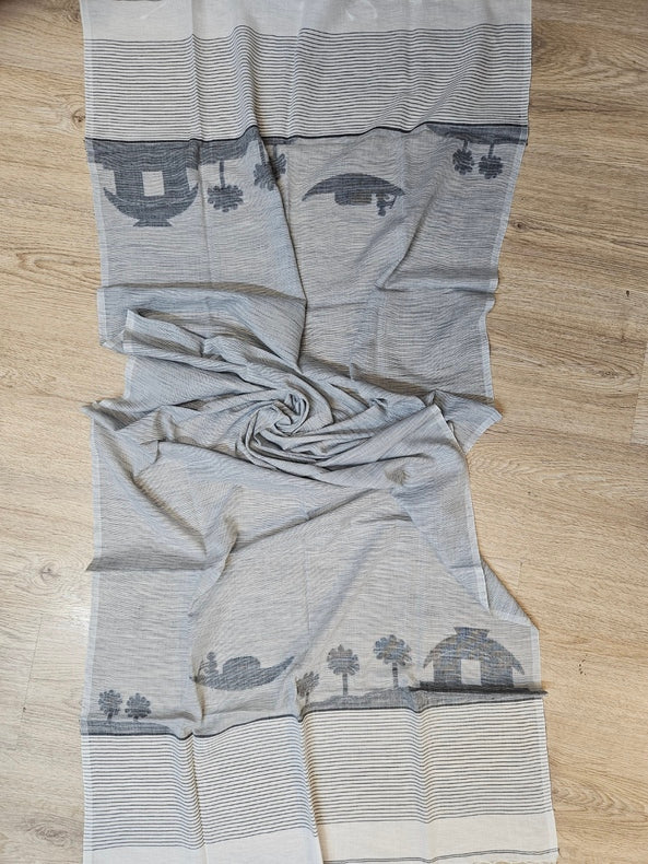 Balaram Saha: Timeless Elegance: Grey and White Cotton Jamdani Stole Balaram Saha