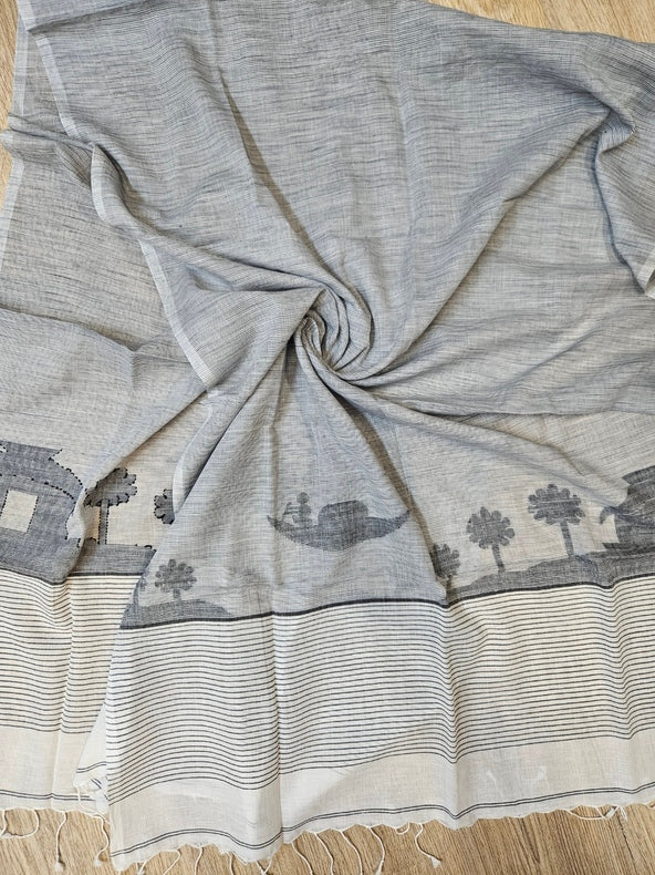 Balaram Saha: Timeless Elegance: Grey and White Cotton Jamdani Stole Balaram Saha