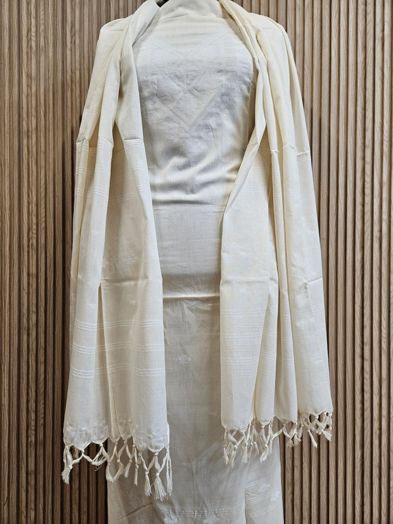 White & White Handwoven Cotton Jamdani 3-piece Kurta Set Balaram Saha