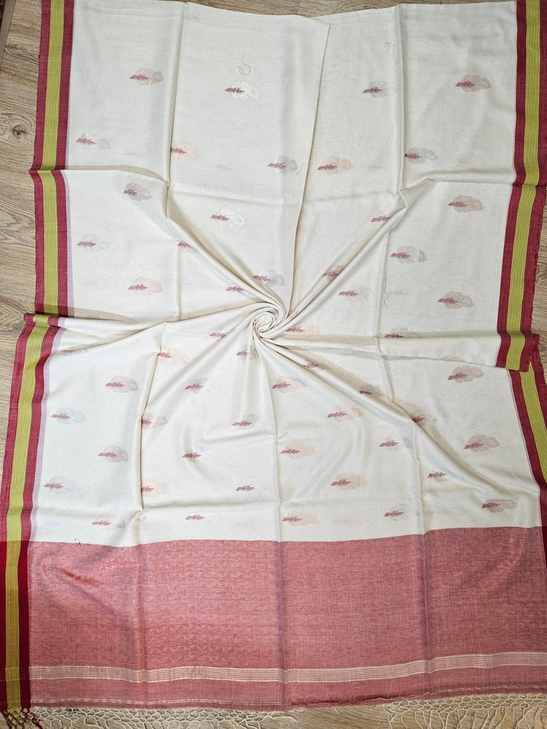 Handloom Cotton Saree - Elegant Off-White & Red By Balaram Saha Balaram Saha