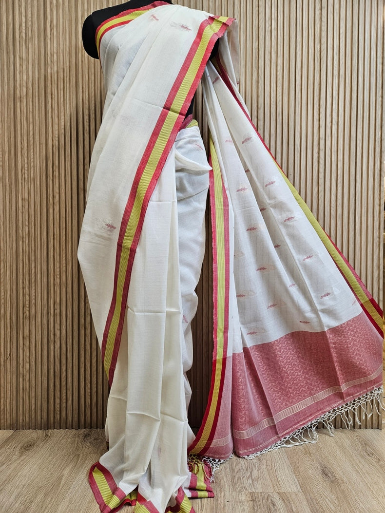 Handloom Cotton Saree - Elegant Off-White & Red By Balaram Saha Balaram Saha
