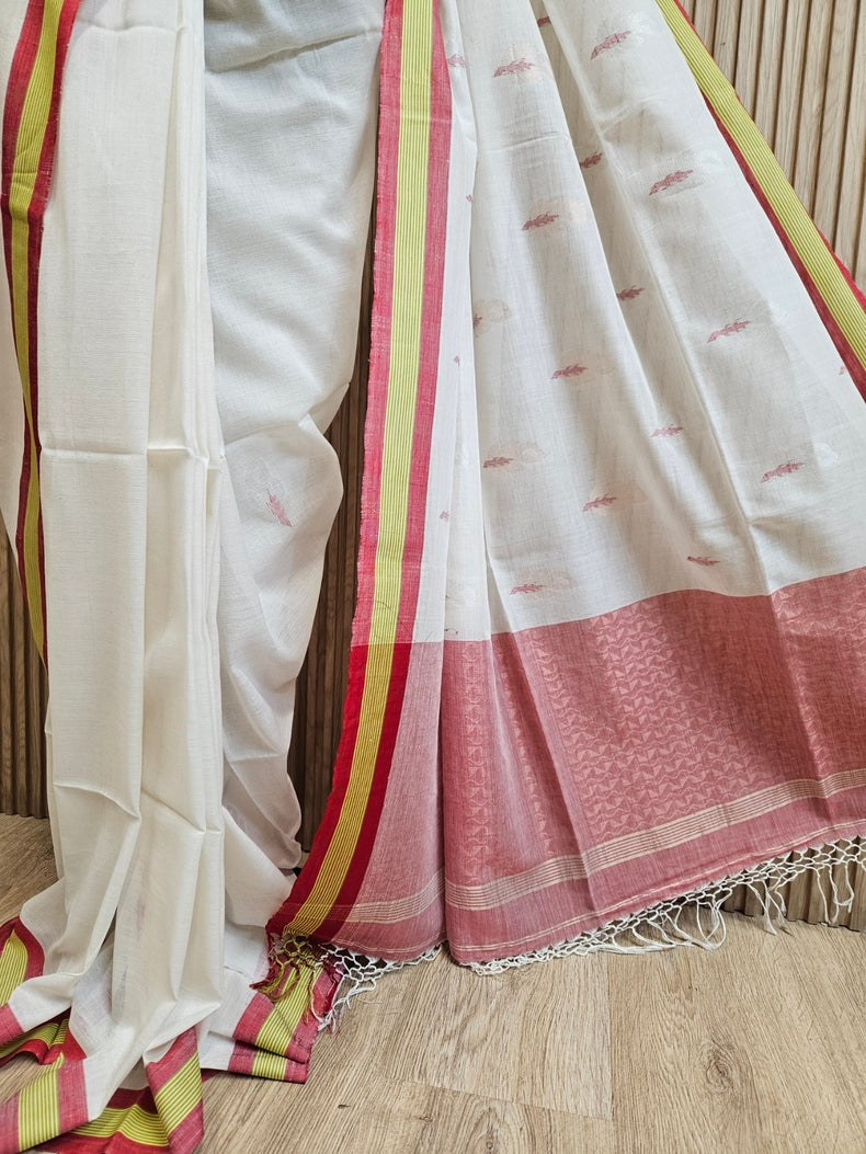 Handloom Cotton Saree - Elegant Off-White & Red By Balaram Saha Balaram Saha