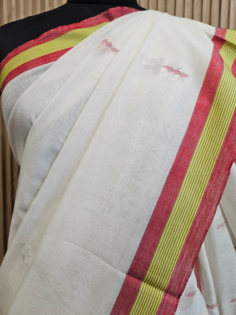 Handloom Cotton Saree - Elegant Off-White & Red By Balaram Saha Balaram Saha