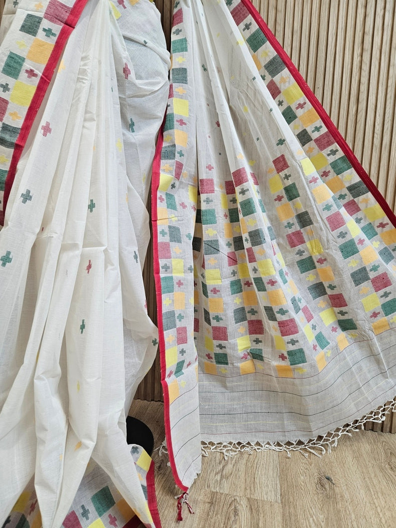 Off-White & Multicolor Traditional Handwoven Cotton Jamdani Saree Balaram Saha