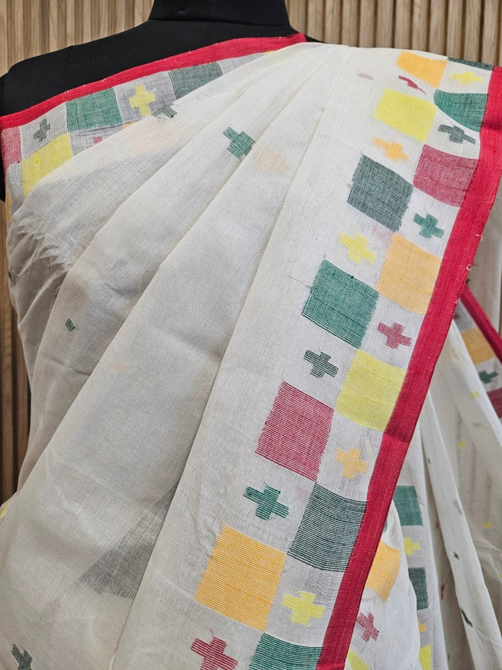 Off-White & Multicolor Traditional Handwoven Cotton Jamdani Saree Balaram Saha