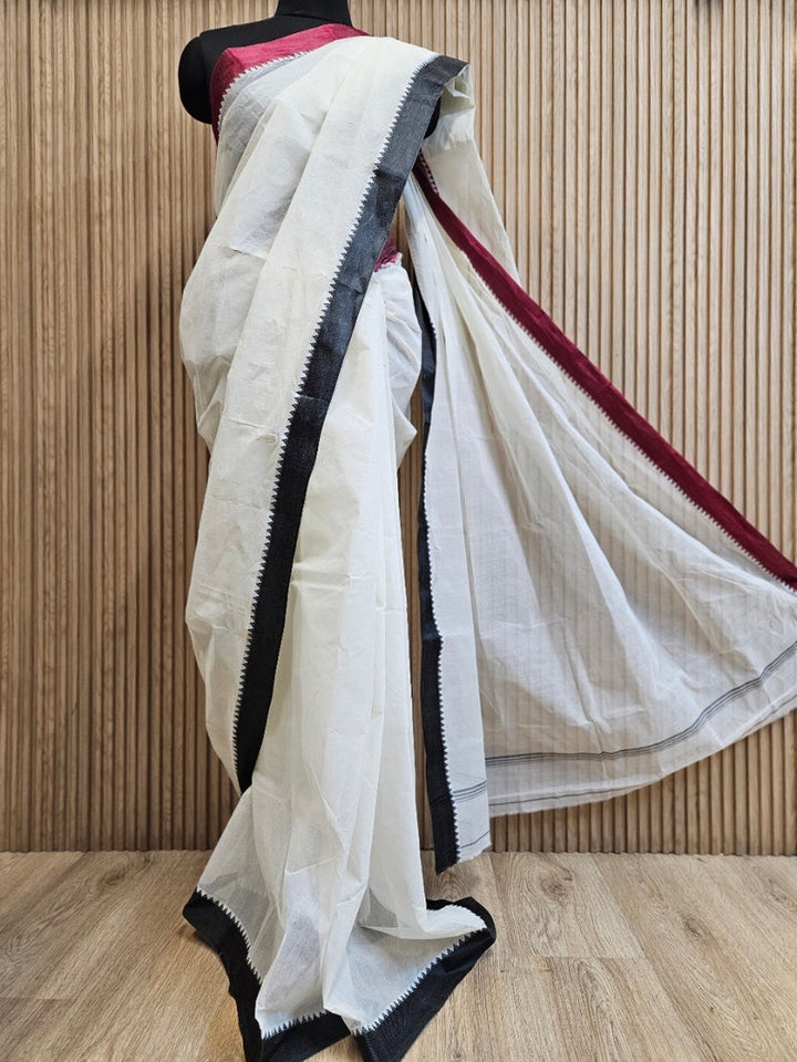 Off-White Traditional Handloom Maroon & Black Ganga Jamuna Cotton Saree Balaram Saha