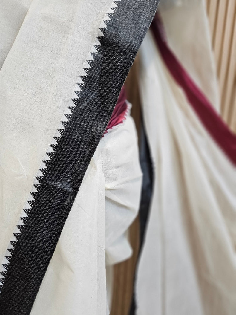 Off-White Traditional Handloom Maroon & Black Ganga Jamuna Cotton Saree Balaram Saha