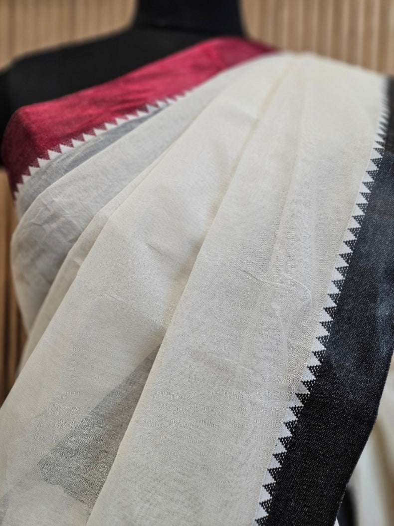 Off-White Traditional Handloom Maroon & Black Ganga Jamuna Cotton Saree Balaram Saha