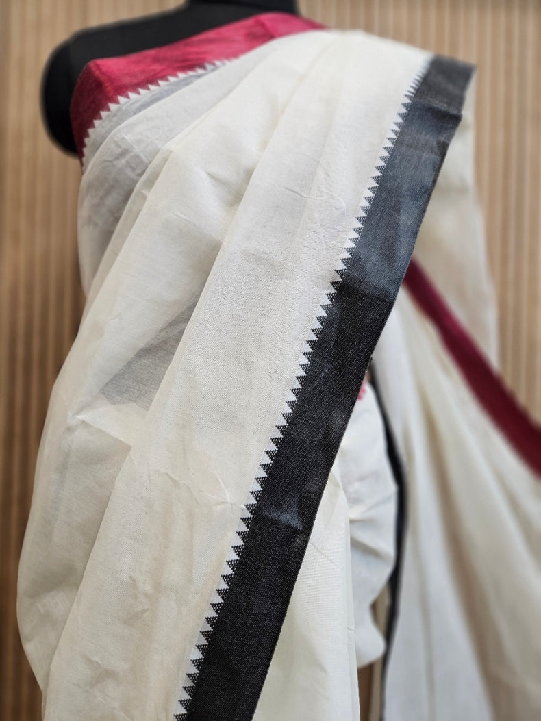 Off-White Traditional Handloom Maroon & Black Ganga Jamuna Cotton Saree Balaram Saha