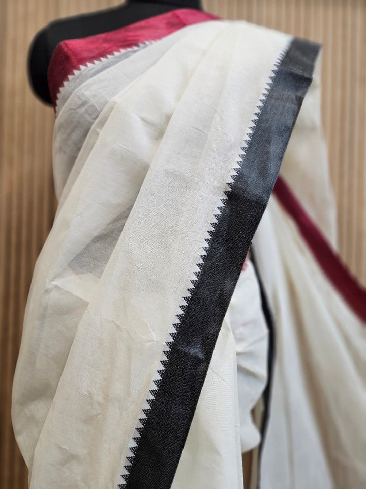 Off-White Traditional Handloom Maroon & Black Ganga Jamuna Cotton Saree Balaram Saha